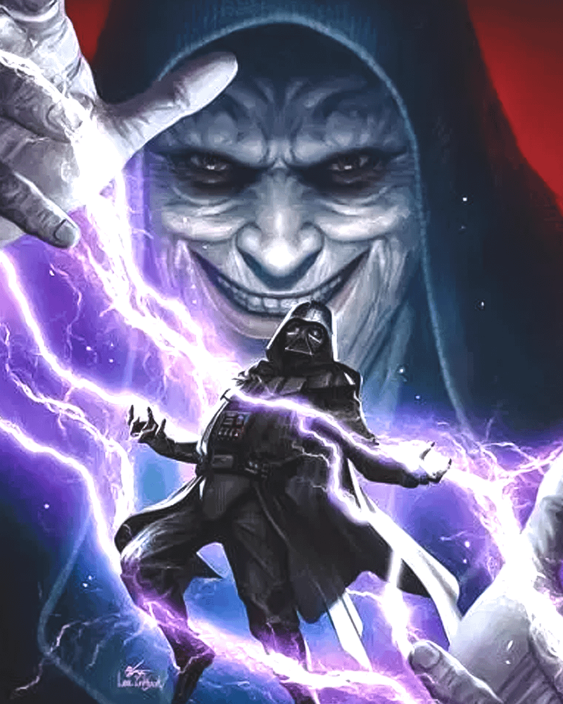 Art of Emperor Palpatine using Force Lightning on a tiny Darth Vader between his hands