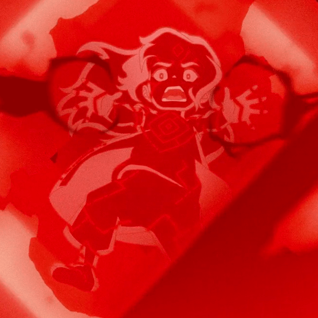 Pavi falling through a red portal with symbols covering her body from Avatar: Seven Havens.