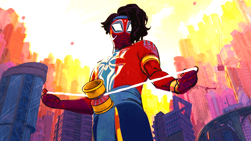 Spider-Man India using his powers in Spider-Man: Across the Spider-Verse.