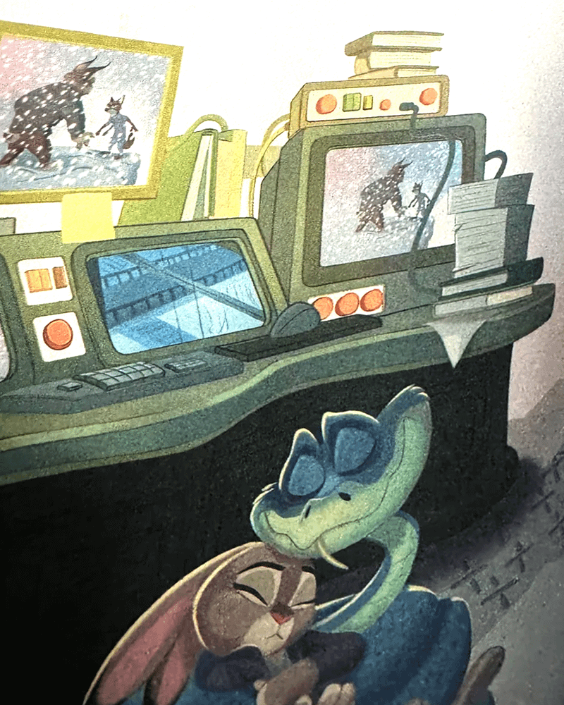 Gary holding Judy under a desk in a Zootopia 2 book