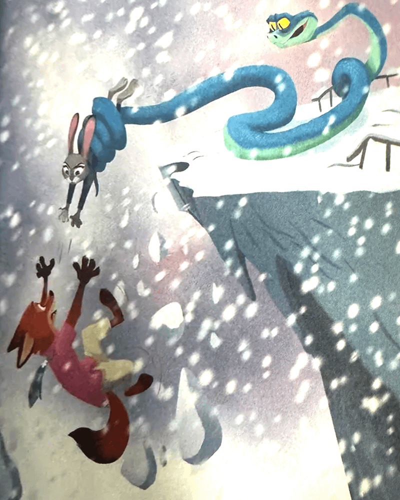 Gary and Judy saving Nick from falling off a cliff in a Zootopia 2 book