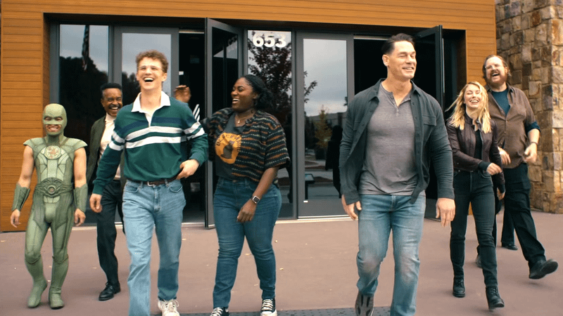 Nhut Le as Judomaster, Tim Meadows as Langston Fleury, Freddie Stroma as Adrian Chase, Danielle Brooks as Leota Adebayo, John Cena as Christopher Smith, Jennifer Holland as Emilia Harcourt, Steve Agee as John Economos in 'Peacemaker' Season 2.