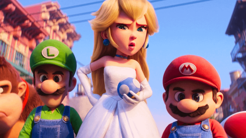 Peach, Mario, and Luigi with a mini mushroom in The Super Mario Bros. Movie