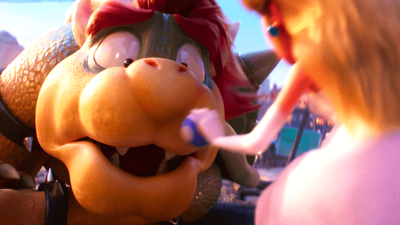 Peach feeding a mini mushroom to Boswer in The Super Mario Bros. Movie