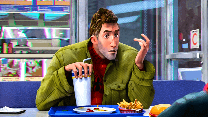 Peter B. Parker eating a hamburger and fries in Spider-Man: Into the Spider-Verse.