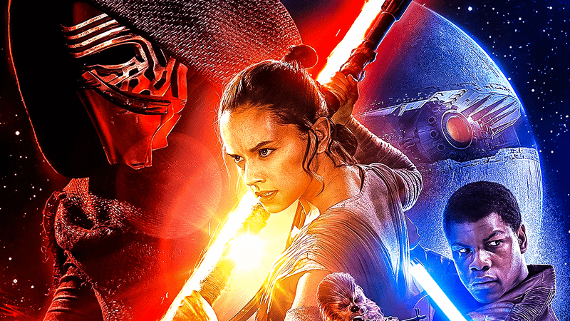 The Force Awakens poster with Kylo Ren, Rey, and Finn.