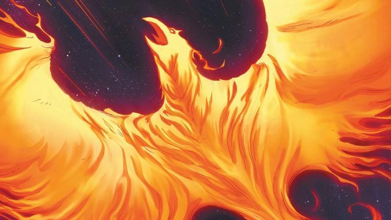 The Phoenix Force flying in Marvel Comics.