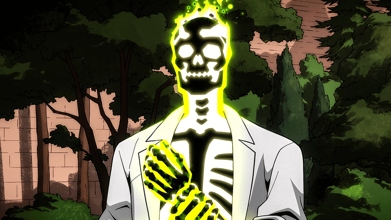 Doctor Phosphorus, a glowing skeleton wearing a gray trenchcoat, in Creature Commandos.