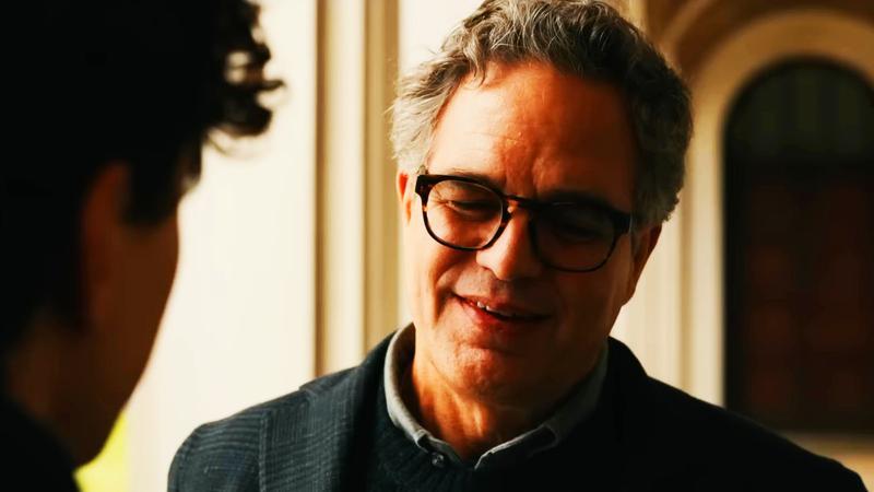 A close-up of Mark Ruffalo talking to Peter outside of class.