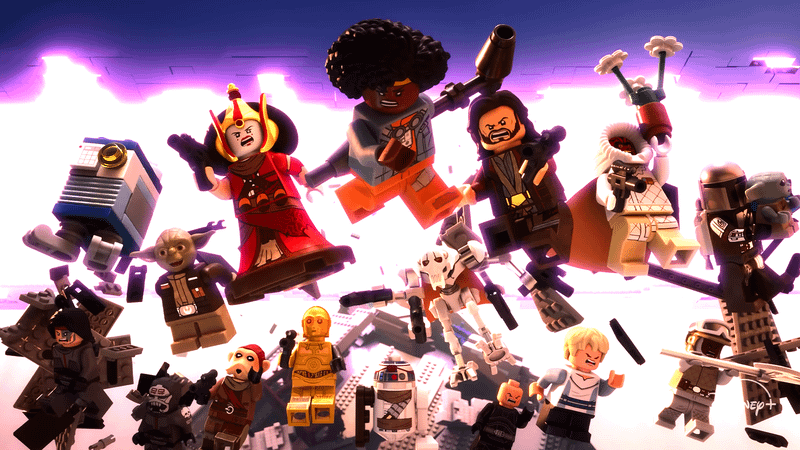 The cast of Star Wars: Rebuild the Galaxy: Pieces of the Past jumping toward the camera