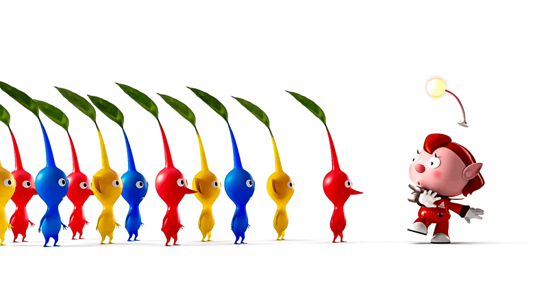 Red, blue, and yellow Pikmin characters in a line.