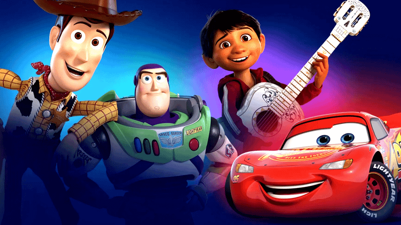 Woody, Buzz, Lightning McQueen and Miguel from Pixar films