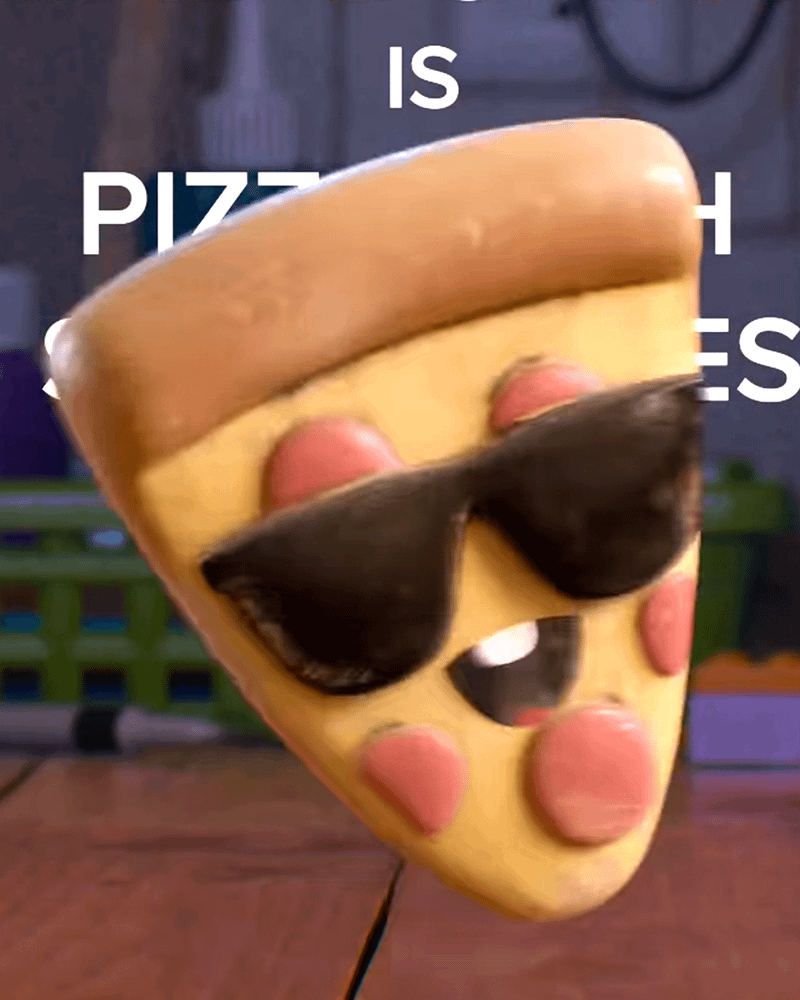 Pizza with Sunglasses smiling.