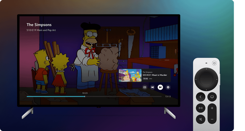 Season 10, Episode 19 of 'The Simpsons' on a TV next to a remote control.