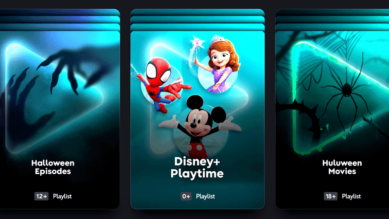 Halloween Episodes, Disney+ Playtime, and Huluween Movies on Disney+.