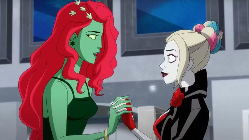 Poison Ivy holding Harley Quinn's hand in the animated series.