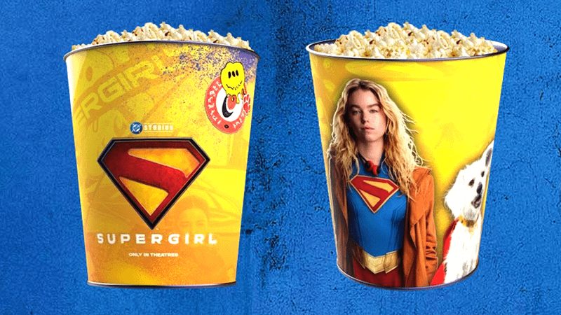 A yellow Supergirl popcorn bucket.
