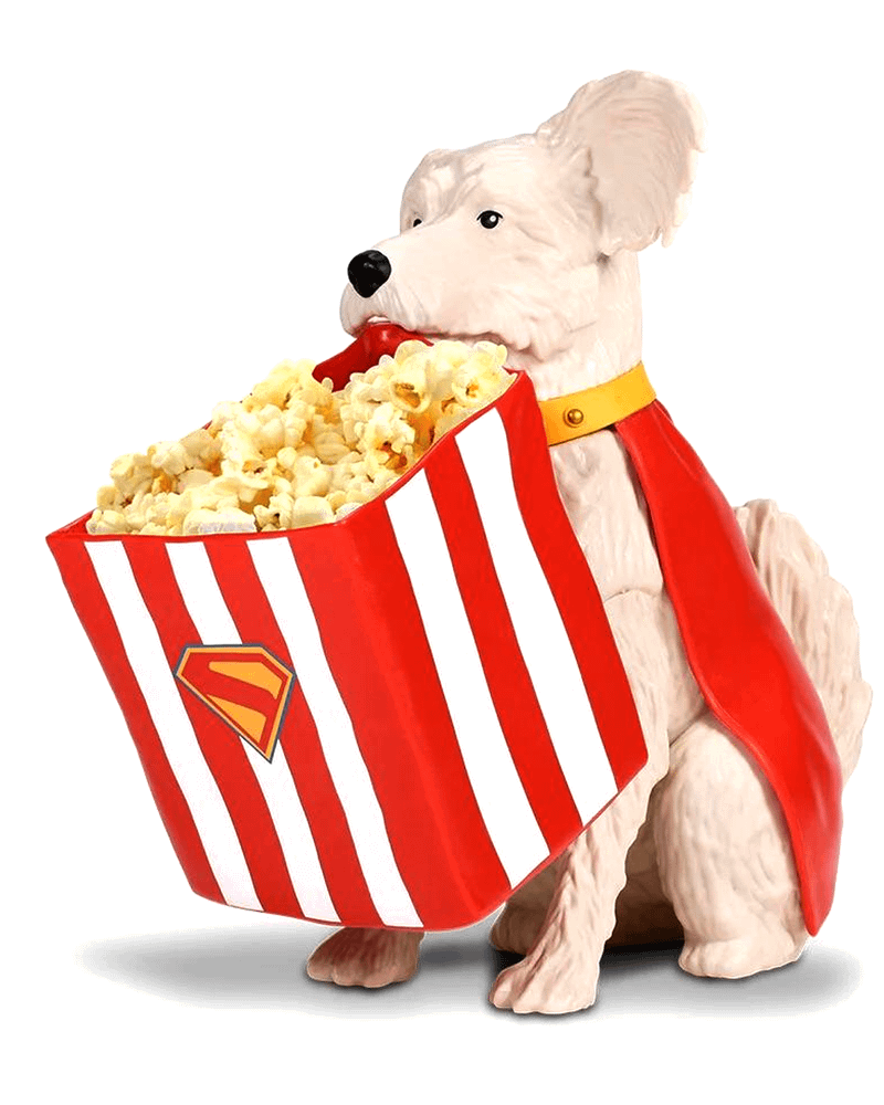 Krypto holding the popcorn bag.