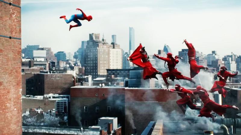Spider-Man soaring in the air next to a group of Hand ninjas in Brand New Day.