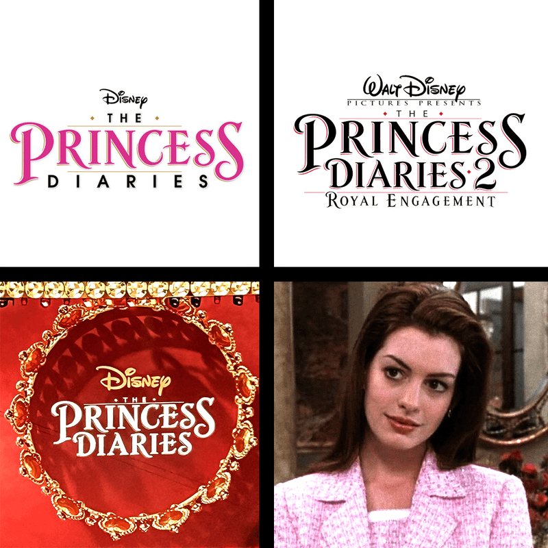 Logos for all three 'Princess Diaries' movies and Anne Hathaway wearing a pink shirt and sweater as Mia Thermopolis.
