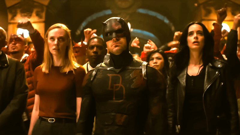 Karen Page, Daredevil, Detective Mahoney and Jessica Jones in Daredevil: Born Again Season 2.