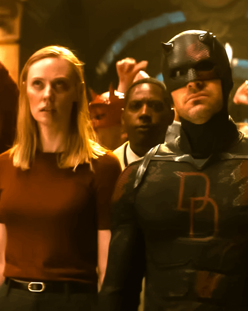 Karen Page, Detective Mahoney and Daredevil in Daredevil: Born Again Season 2.