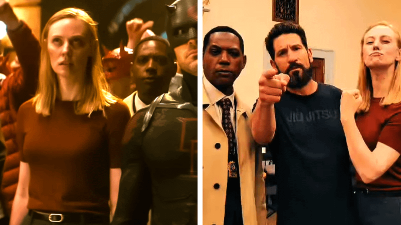 Karen Page, Detective Mahoney alongside Royce Johnson, Jon Bernthal and Deborah Ann Woll on set.