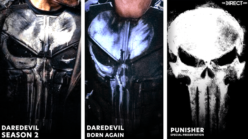 A comparison of Punisher Logos from across Daredevil: Season 2, Born Again, and the Punisher Special Presentation