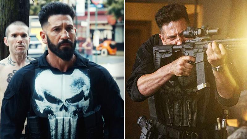 Jon Bernthal as the Punisher in 'The Punisher: One Last Kill,' Jon Bernthal as the Punisher shooting a gun in 'Spider-Man; Brand New Day.'