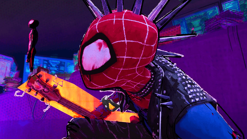 Spider-Punk holding a guitar in Spider-Man: Across the Spider-Verse.