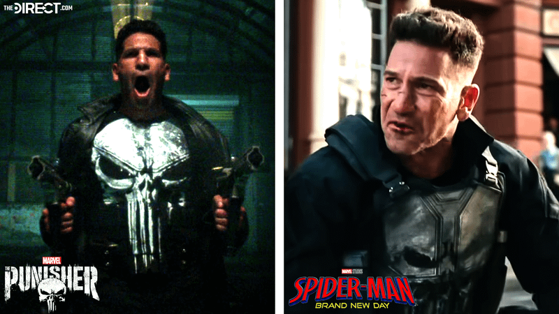Jon Bernthal wielding two guns in 'The Punisher,' Jon Bernthal as the Punisher on the street in 'Spider-Man: Brand New Day' trailer.