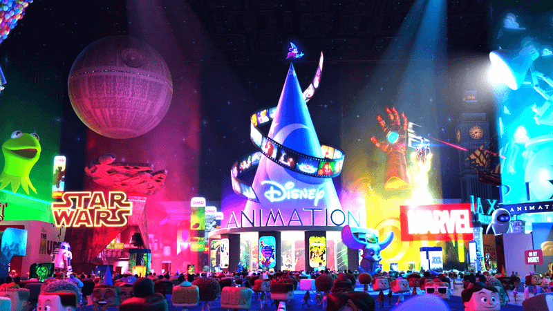 Disney Animation, Star Wars, and Marvel buildings in Ralph Breaks the Internet.