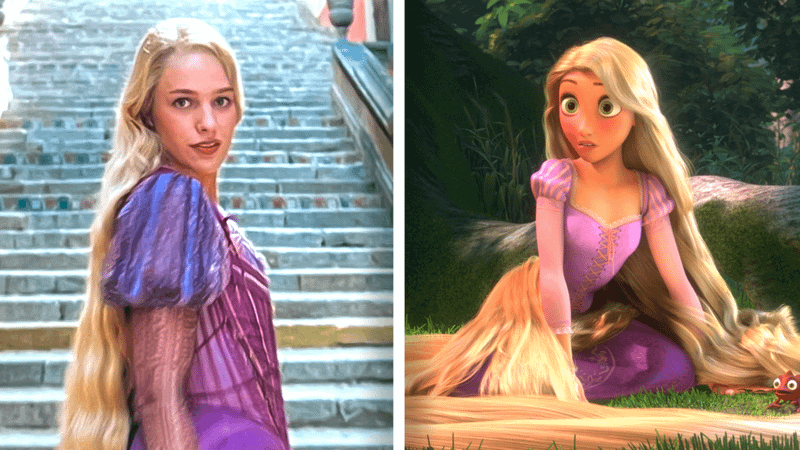 Teagan Croft as Rapunzel on the left and Rapunzel from the animated Tangled on the right.