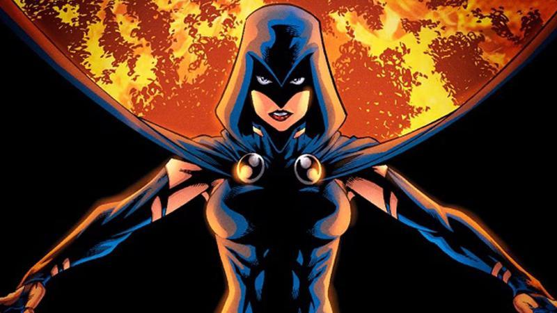 Raven in front of fire in DC Comics.