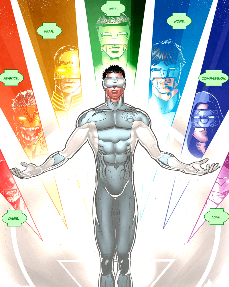 Red, Yellow, Green Blue, Purple, and White Lantern Corps members