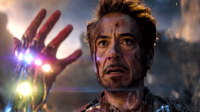 Robert Downey Jr. as Iron Man covered in blood in Avengers: Endgame.