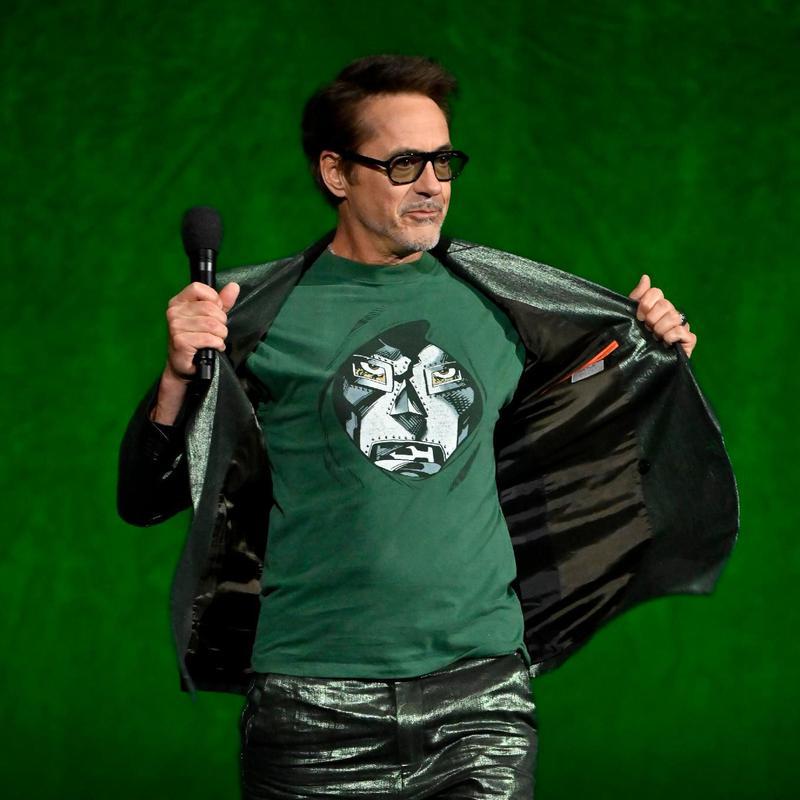 Robert Downey Jr. wearing Doctor Doom shirtt.