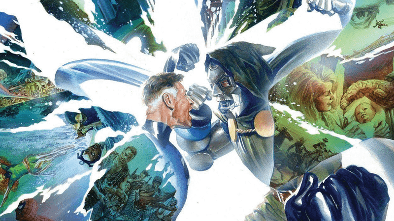 Reed Richards and Doctor Doom facing off on the comic cover to Secret Wars #9.