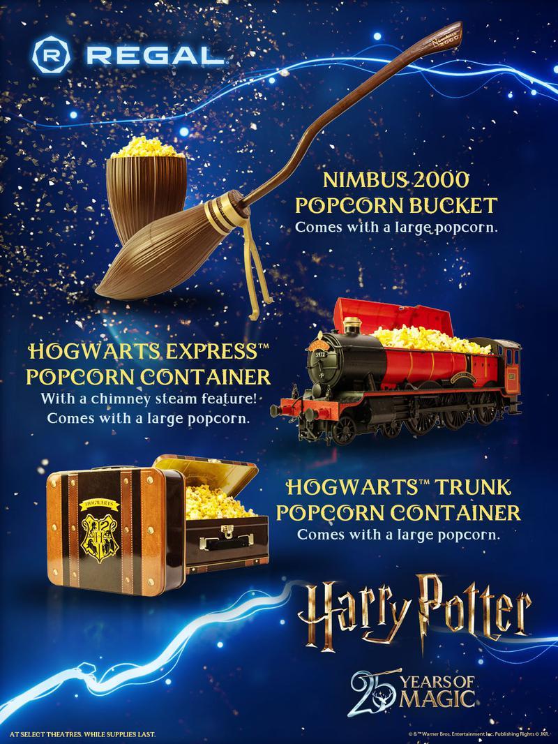 Regal, Harry Potter 25th merch, popcorn buckets, Nimbus 2000, Hogwarts Express, Trunk.