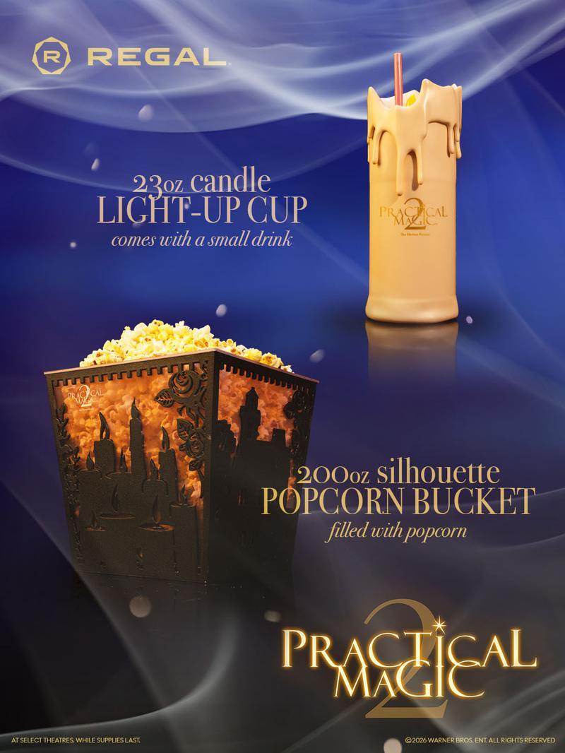 Regal ad for candle cup and silhouette popcorn bucket for Practical Magic 2.