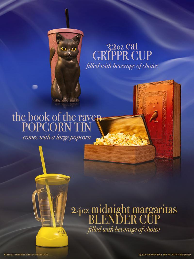 Regal add for cat Grippr Cup, The Book of the Raven popcorn tin, and Midnight Margaritas blender cup for Practical Magic 2. 