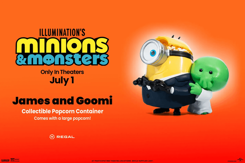 James and Gooni collectible popcorn container for 'Minions & Monsters.'