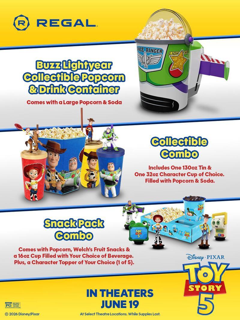 Regal Toy Story 5 popcorn buckets.