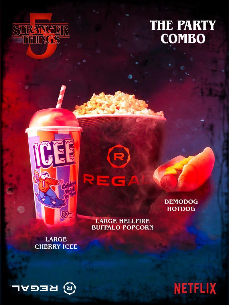 Stranger Things Season 5 party combo with icee, popcorn bucket, and hot dog from Regal Cinemas