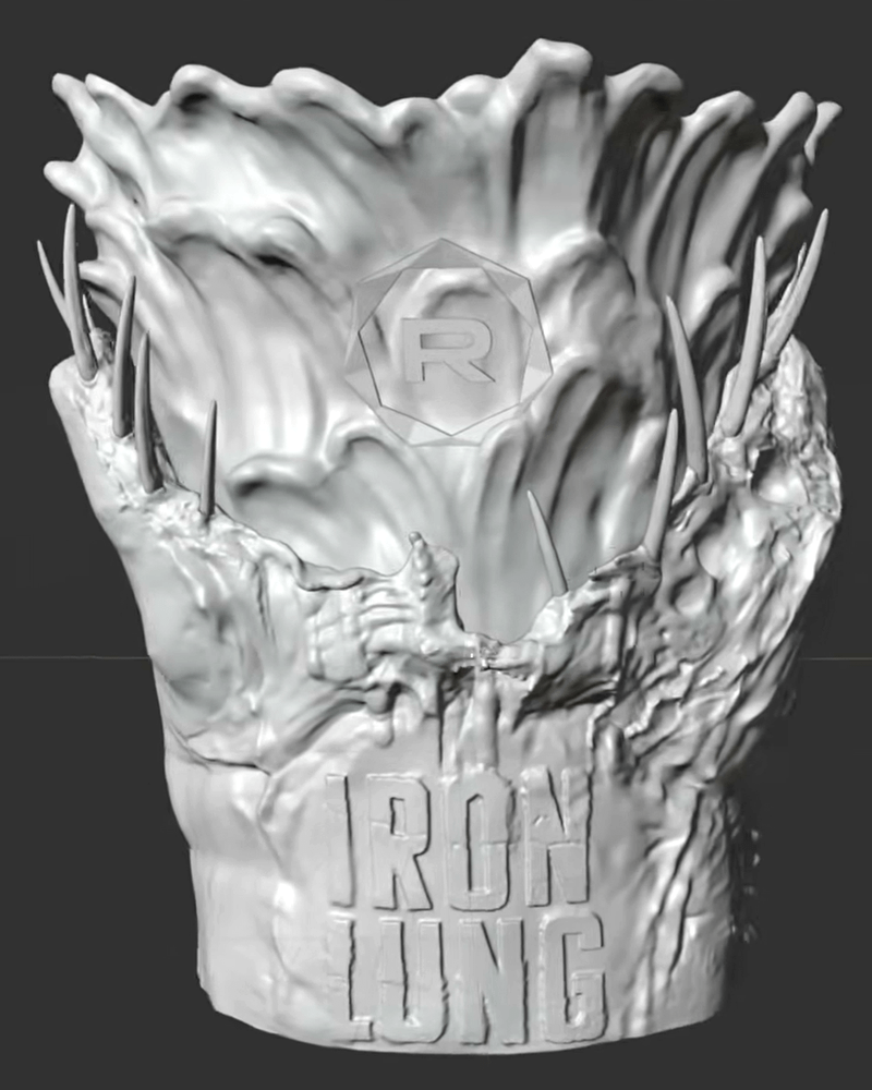The front of the Iron Lung popcorn bucket