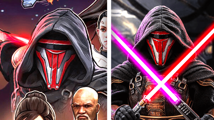 Darth Revan on Star Wars' May 4 poster on the left, and a Hot Toys character of Darth Revan on the right.