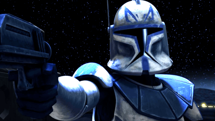 Captain Rex holding a blaster in The Clone Wars.
