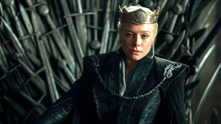 Rhaenyra Targaryen sitting on the Iron Throne.