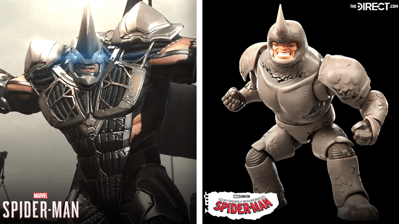 Rhino from the Insomniac games next to Rhino from Your Friendly Neighborhood Spider-Man.
