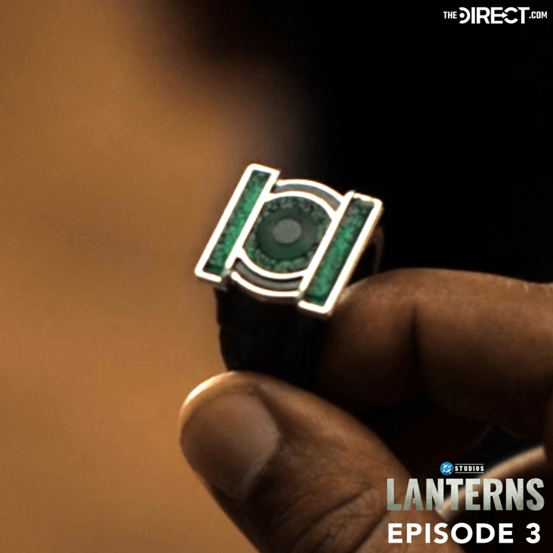 John Stewart's ring from Lanterns Season 3 with the ring's face toward the camera.